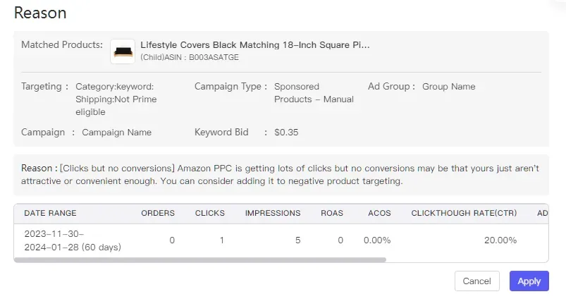 tool4seller interface showing suggested negative product recommendation reason.