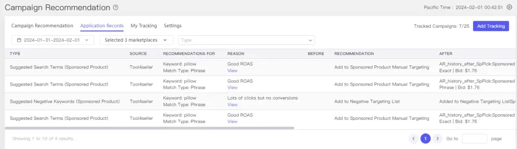 tool4seller interface showing application records.