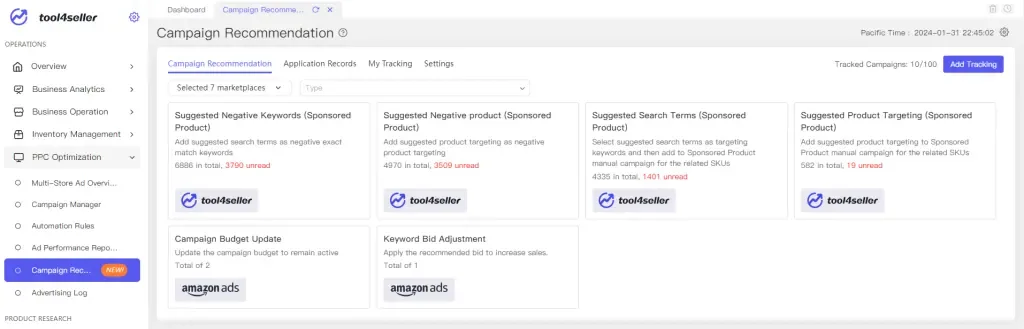 Amazon campaign recommendation interface.