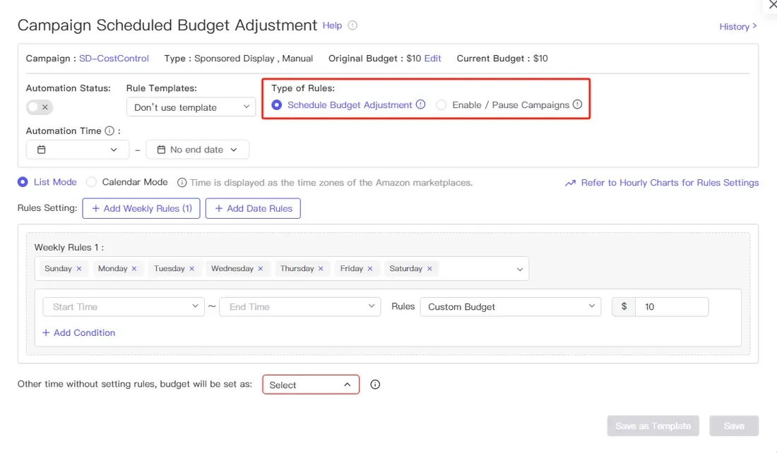 tool4seller use Campaign Scheduled Budget Adjustment to save costs interface illustrating in the pop-up window, configure the scheduled budget adjustment for the campaign.