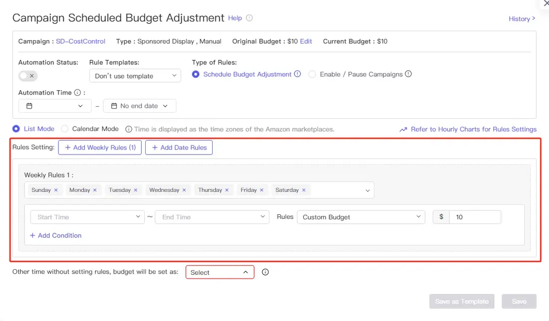 tool4seller use Campaign Scheduled Budget Adjustment to save costs interface illustrating you can set daily budget for specific time segment in different days of weeks or specific dates.
