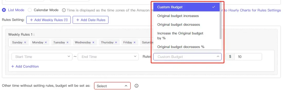tool4seller use Campaign Scheduled Budget Adjustment to save costs interface illustrating use Original Budget: Set the advertising budget to the original budget for the corresponding time.