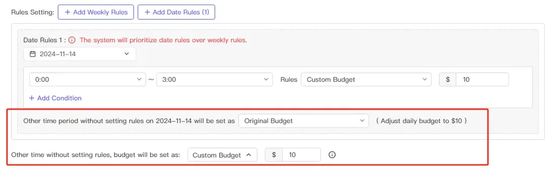 tool4seller use Campaign Scheduled Budget Adjustment to save costs interface showing custom Budget and Add Condition.