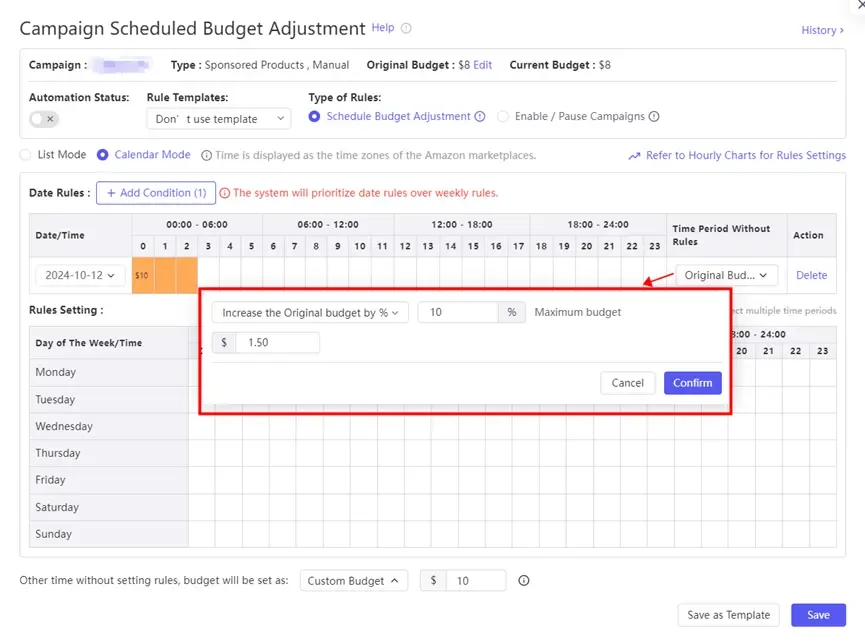 tool4seller use Campaign Scheduled Budget Adjustment to save costs interface showing campaign Scheduled Budget Adjustment and Type: Sponsored Products, Manual.