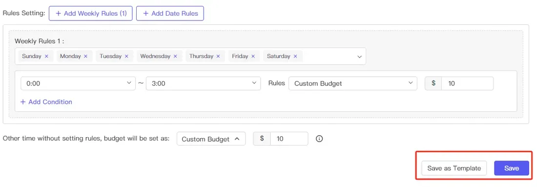 tool4seller use Campaign Scheduled Budget Adjustment to save costs interface illustrating once finished, click "Save." You can also click "Save as Template".