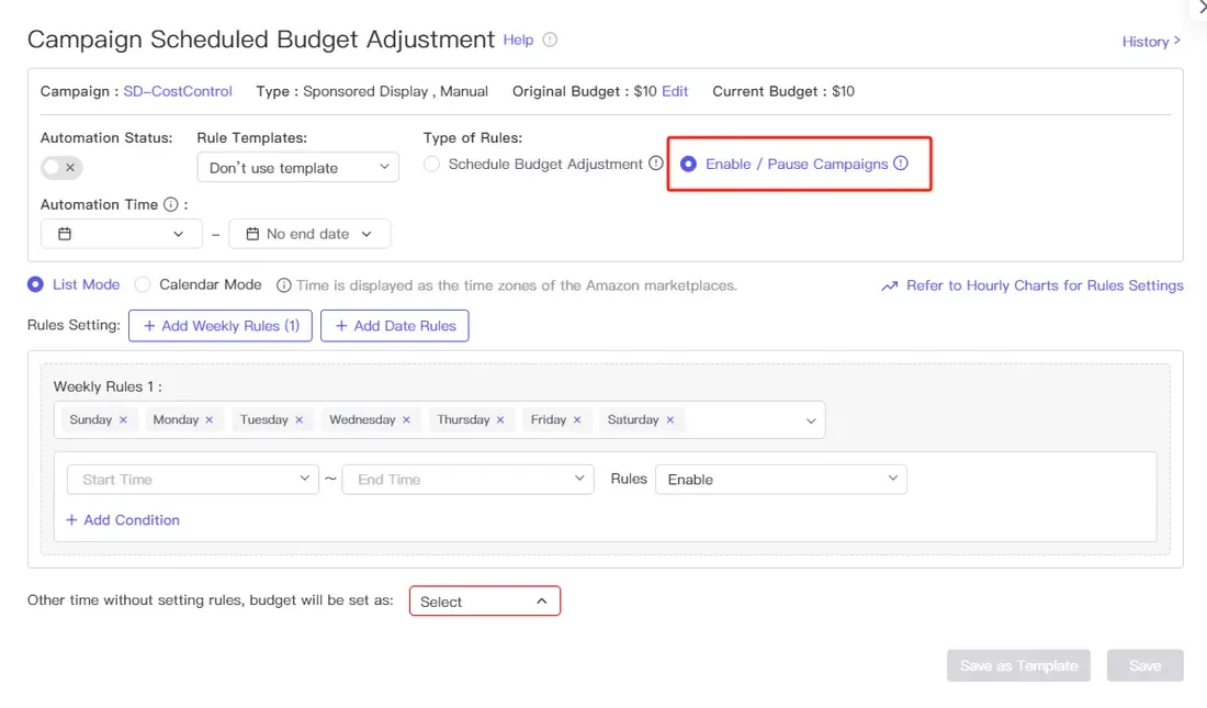 tool4seller use Campaign Scheduled Budget Adjustment to save costs interface illustrating if you only need to enable and pause advertising campaigns.