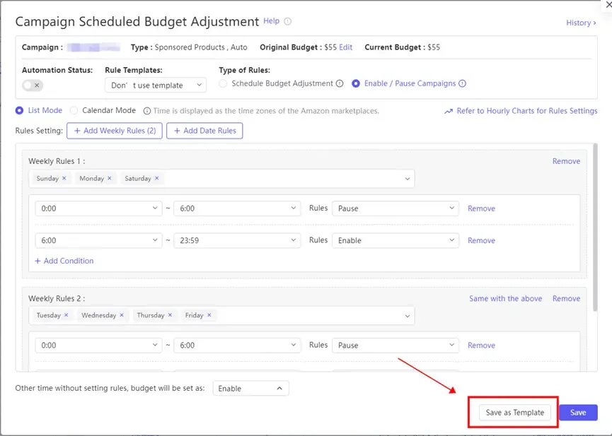 tool4seller use Campaign Scheduled Budget Adjustment to save costs interface illustrating once finished, click "Save." You can also click "Save as Template"; for details on rule templates.