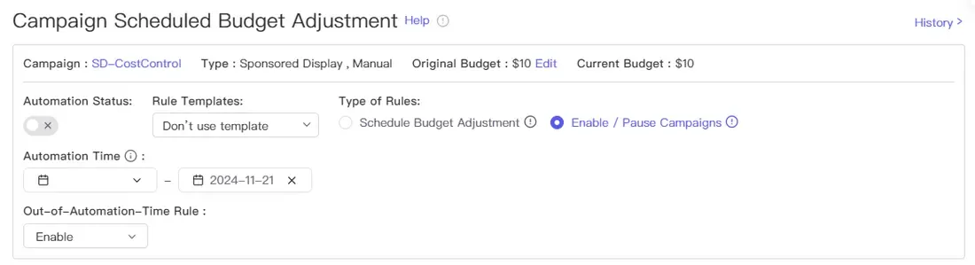 tool4seller use Campaign Scheduled Budget Adjustment to save costs interface illustrating you can set the start date or end date in Automation Time.