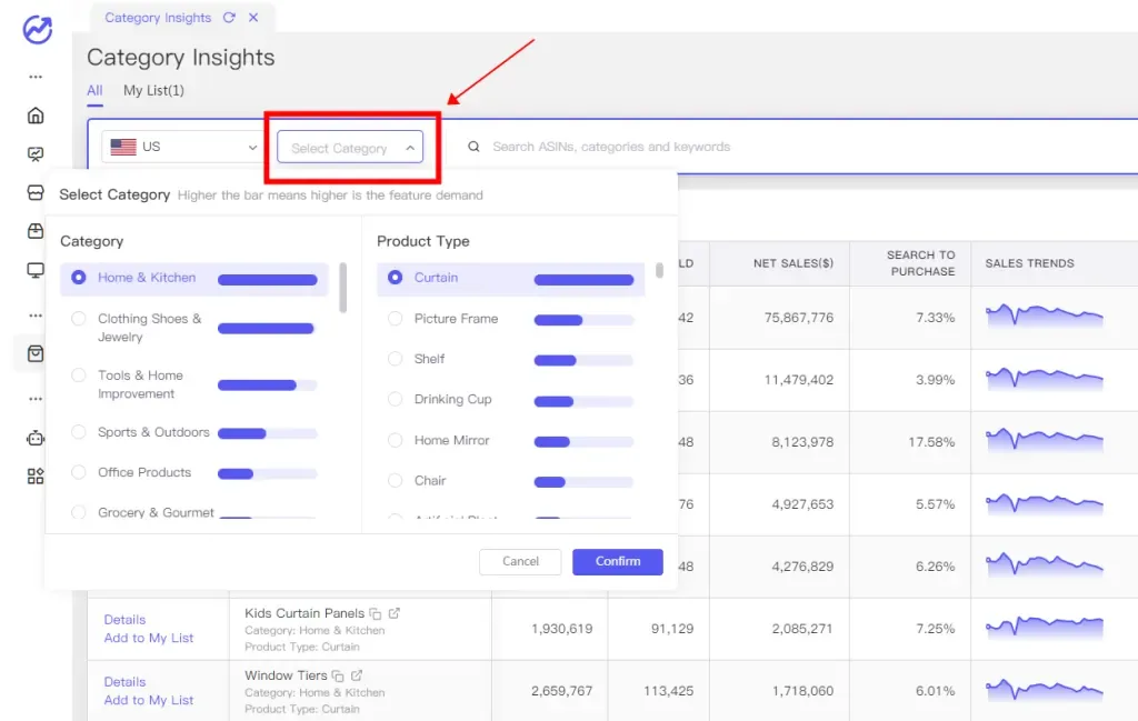 tool4seller Select Category interface.