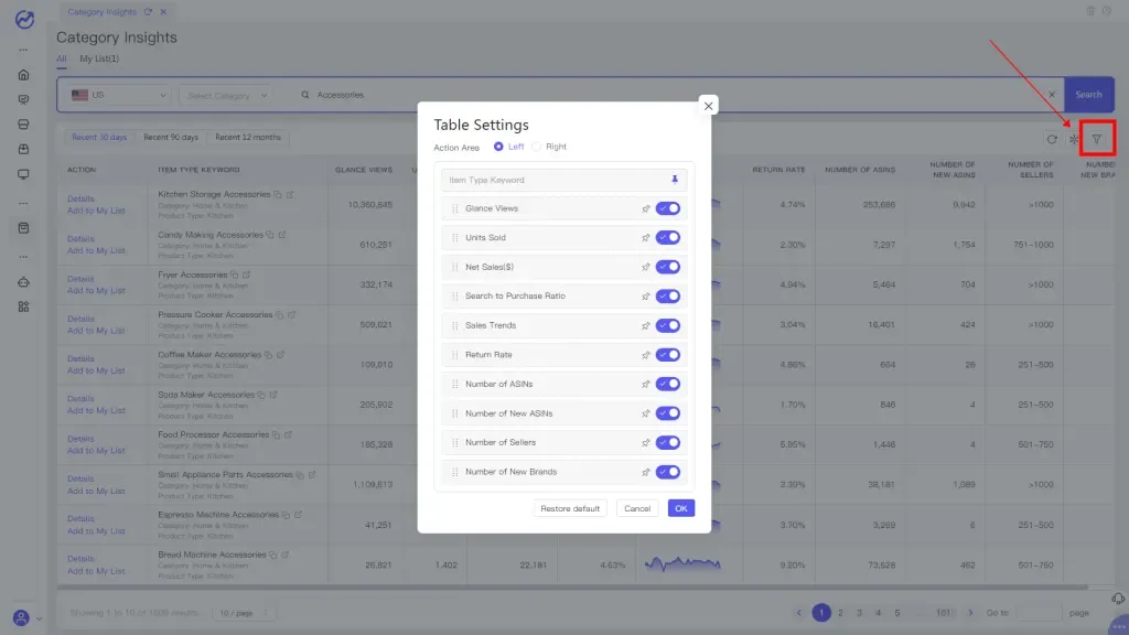 tool4seller interface showing Click Table Setting if you would like to add or remove any columns from the data.