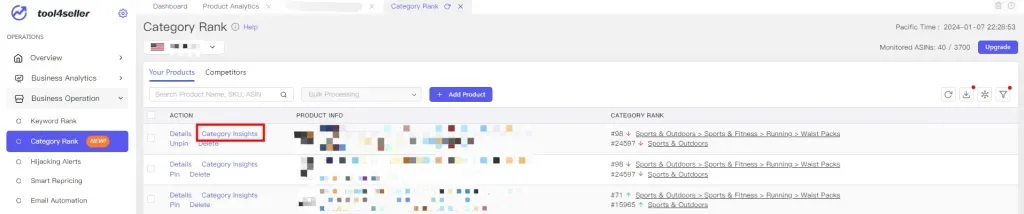 tool4seller interface showing Navigare to Business Operation -> Category Rank. Then click Category Insights of any.