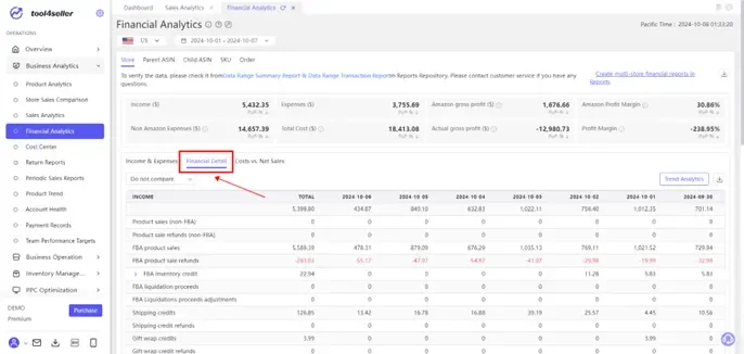 tool4seller interface showing View detailed income and expense tables for a single store with specified period comparisons.