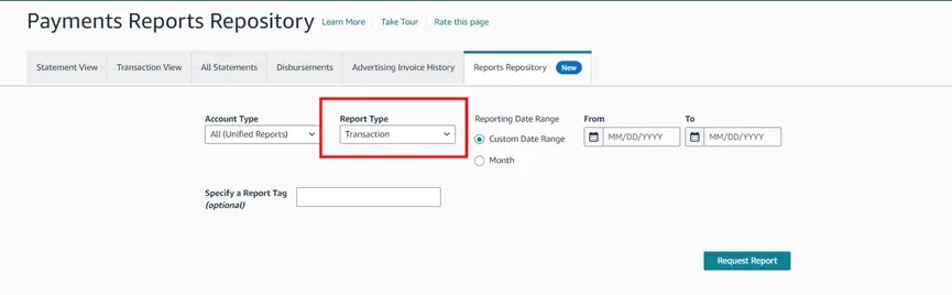 tool4seller use Financial Analytics to check my revenue and expenses interface showing payments Reports Repository wore niet ratems page and Sate Vew.