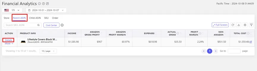 tool4seller use Financial Analytics to check my revenue and expenses interface showing financial Analytics © and OMSASN SKU Oraee.