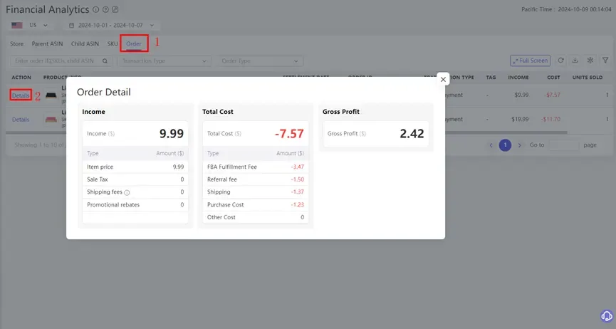 tool4seller interface showing In the "Order" section, view detailed fee information for each order.