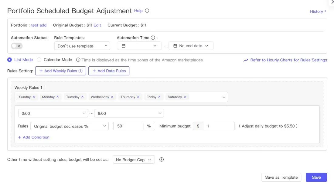 tool4seller interface showing Click "Set Rules" or "Edit" to enter the Portfolio Scheduled Budget Adjustment management.