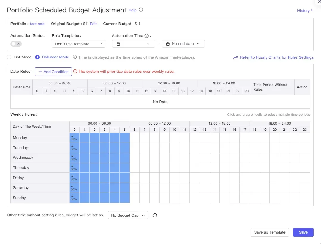 tool4seller interface showing You can also use calendar mode to edit rules by dragging cells.