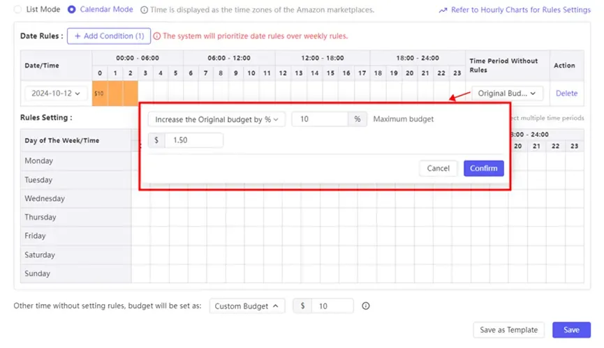 tool4seller use Portfolio Scheduled Budget Adjustment to manage ad spend interface showing refer to Hourly Charts for Rules Settings and Time Period without.