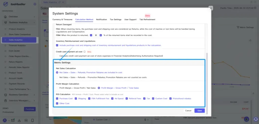 tool4seller interface showing ROI Cost Components (select which costs to include).