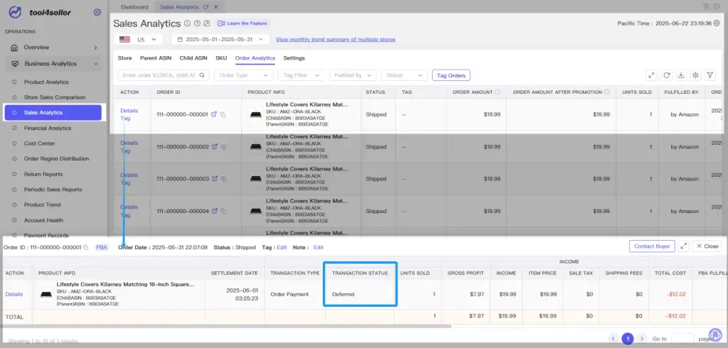 tool4seller interface showing The system integrates Amazon delayed order data and uses our proprietary estimation algorithm.