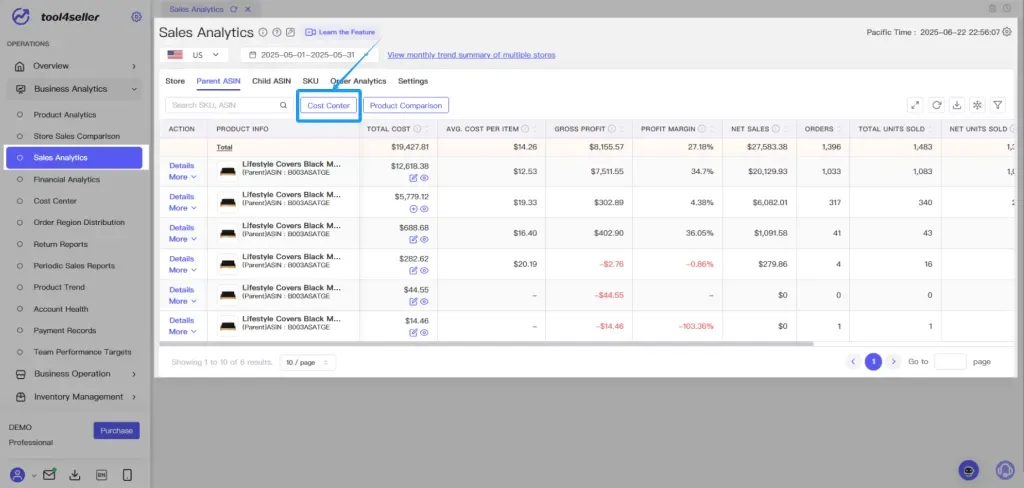 tool4seller interface showing Refer to th e Cost Center d ocumentation for details.