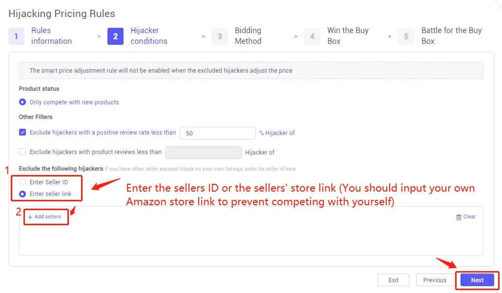 tool4seller use Smart Repricing for winning the Buy Box or schedule repricing interface illustrating you can enter the "Seller ID" or the "Sellers' Store Link" (suggest you input your own Amazon store.