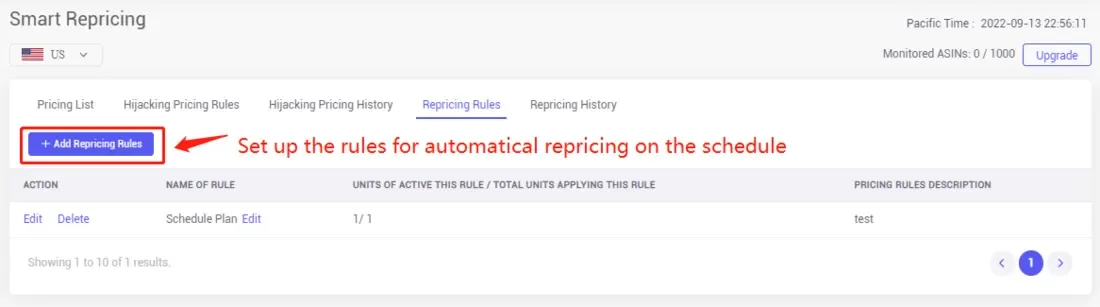 tool4seller use Smart Repricing for winning the Buy Box or schedule repricing interface showing smart Repricing and Monitored ASINs: 0 / 1000.