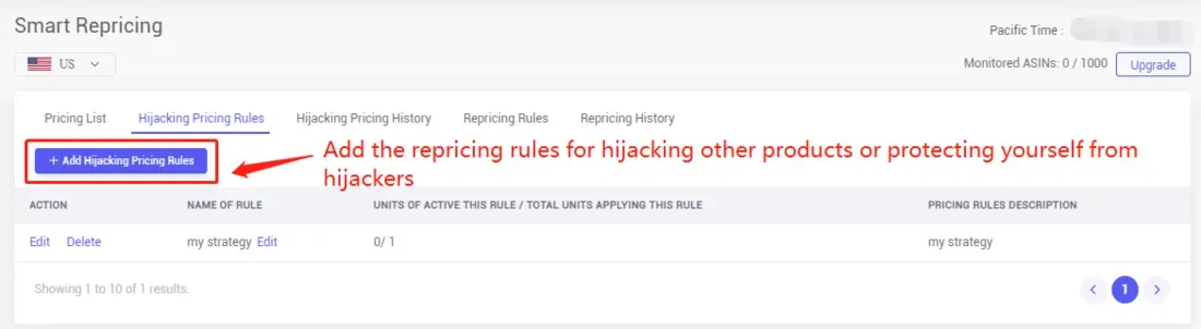 tool4seller use Smart Repricing for winning the Buy Box or schedule repricing interface showing smart Repricing and Pacific Time.