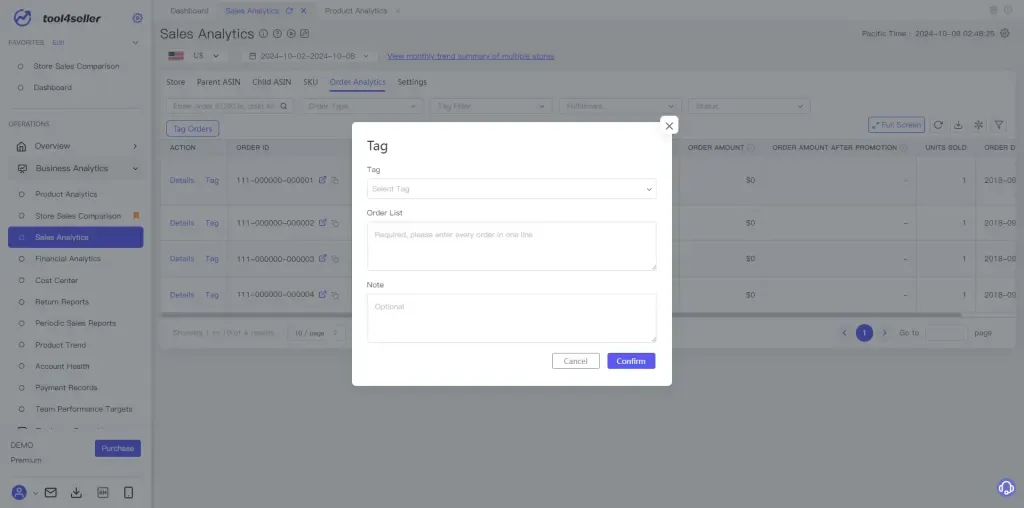 tool4seller interface showing Click the "Tag Orders" button, then select a tag. After entering the Order List and Note.