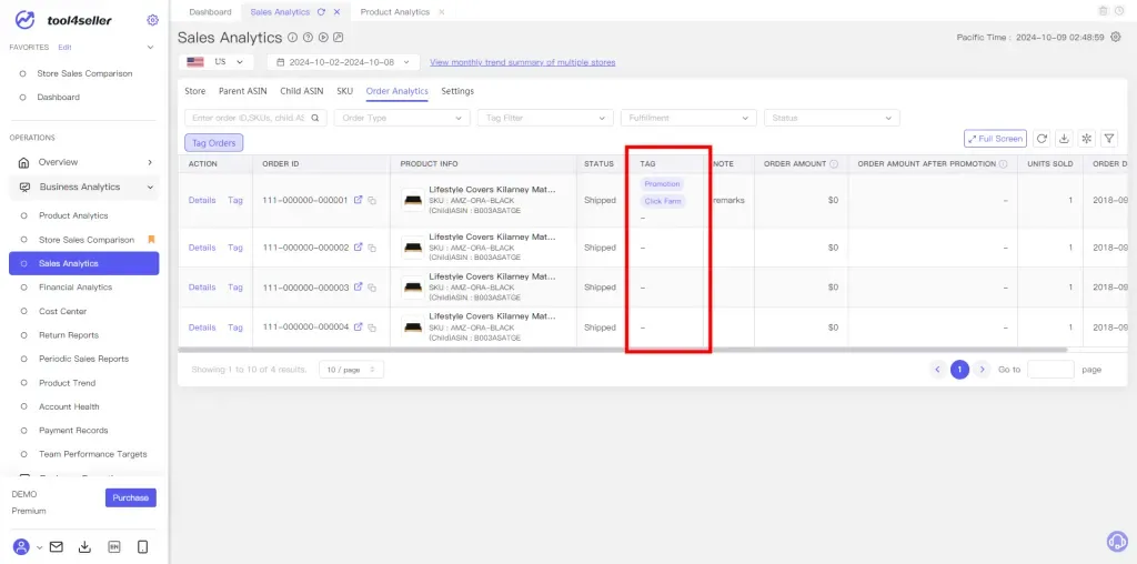 tool4seller interface showing After confirming, the "tag" column in your order list will display the tags you added, making.