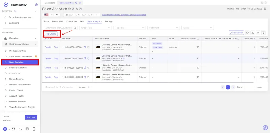 Interface tool4seller : L’ancien parcours utilisant « Click Farm », « Promotion », des listes de commandes et « Confirm » est donc obsolète. Les instructions historiques ont été retirées; la capture suivante.