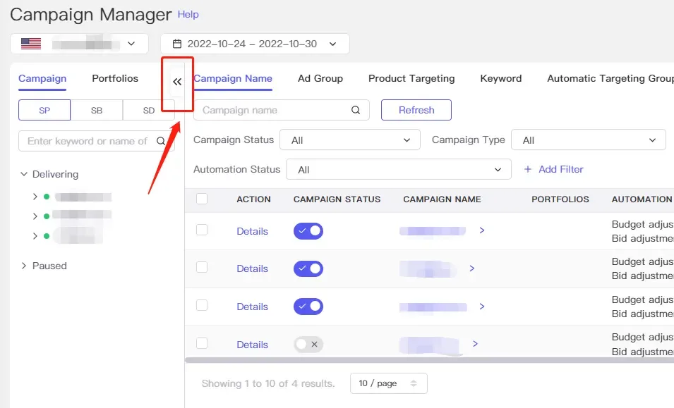 tool4seller use the Ad Campaign Manager to optimize my Amazon ads interface showing campaign Manager tele and ampaign Name.