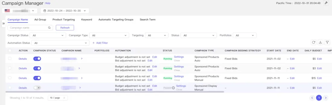 tool4seller use the Ad Campaign Manager to optimize my Amazon ads interface showing campaign Manager and Campaign Name.