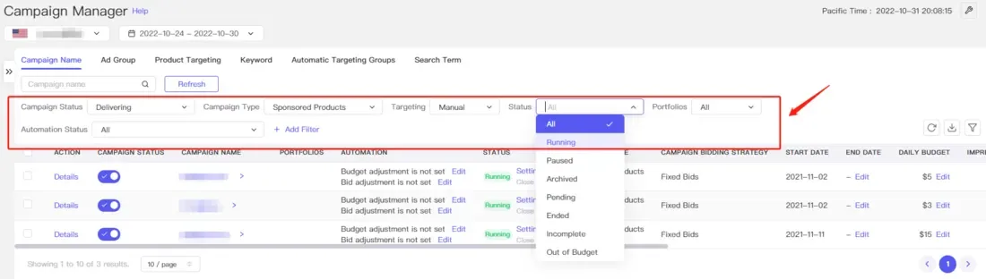 tool4seller interface showing The "Campaign Manager" page, has 3 parts: marketplaces and period selectors, tags and filters.