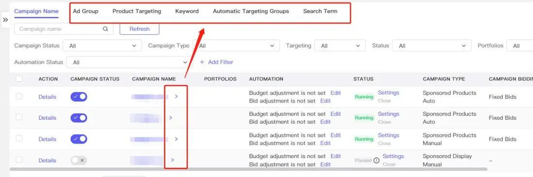 tool4seller use the Ad Campaign Manager to optimize my Amazon ads interface illustrating click the "Campaign Name" will take you to the next level which is the exact same structure as the Amazon.