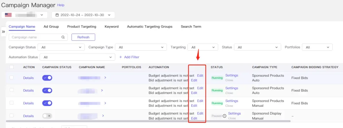 tool4seller use the Ad Campaign Manager to optimize my Amazon ads interface illustrating click the "Edit" button beside the "Budget adjustment" and "Bid adjustment" will allow you to choose.