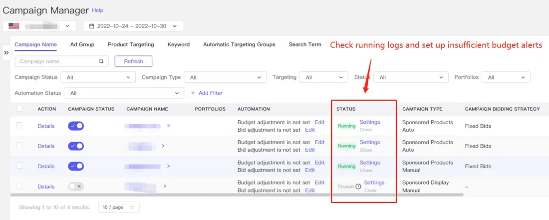 tool4seller interface showing Click the "Edit" button beside the "Budget adjustment" and "Bid adjustment" will allow you.