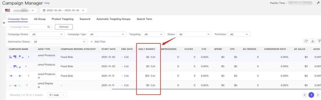 tool4seller interface showing You can turn on the insufficient budget alert and check the history of this campaign.