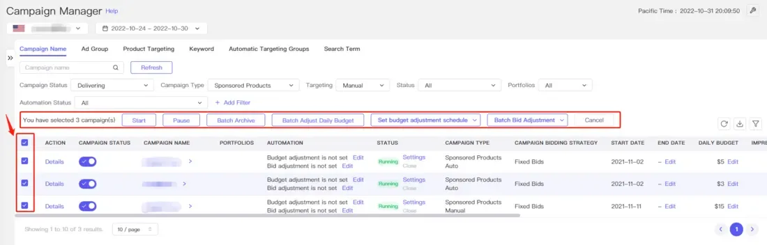 tool4seller interface showing Check one box to edit one campaign.