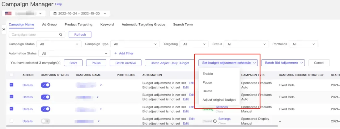 tool4seller use the Ad Campaign Manager to optimize my Amazon ads interface showing campaign Name and Ad Group Product Targeting.