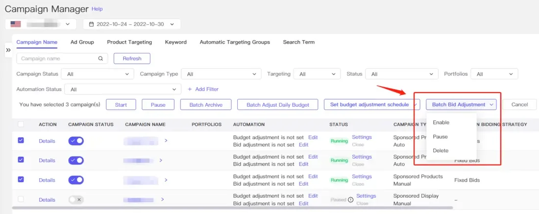 tool4seller use the Ad Campaign Manager to optimize my Amazon ads interface showing campaign Name and Ad Group Product Targeting.