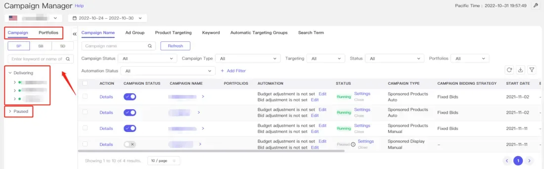 tool4seller use the Ad Campaign Manager to optimize my Amazon ads interface illustrating on the left sidebar, you can quickly access the delivering or paused Campaign, Portfolios, Sponsored Products.