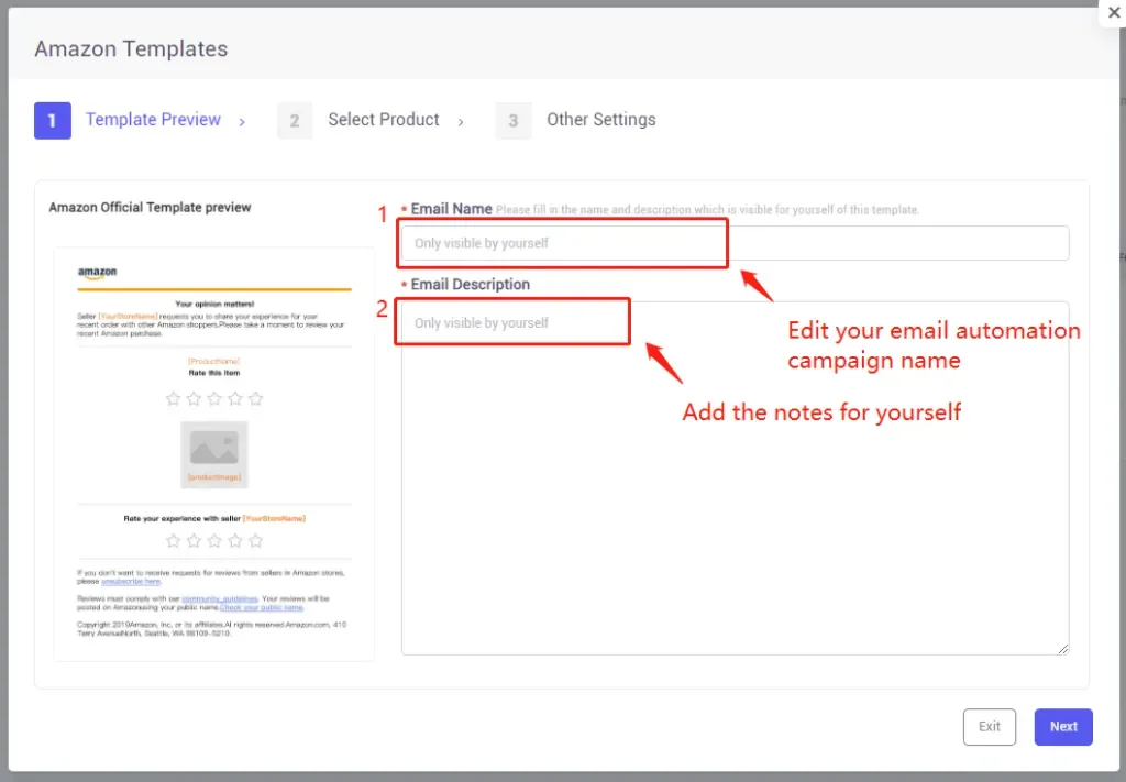 tool4seller use the Email Automation to request reviews and boost ratings interface showing Amazon Templates and Select Product.