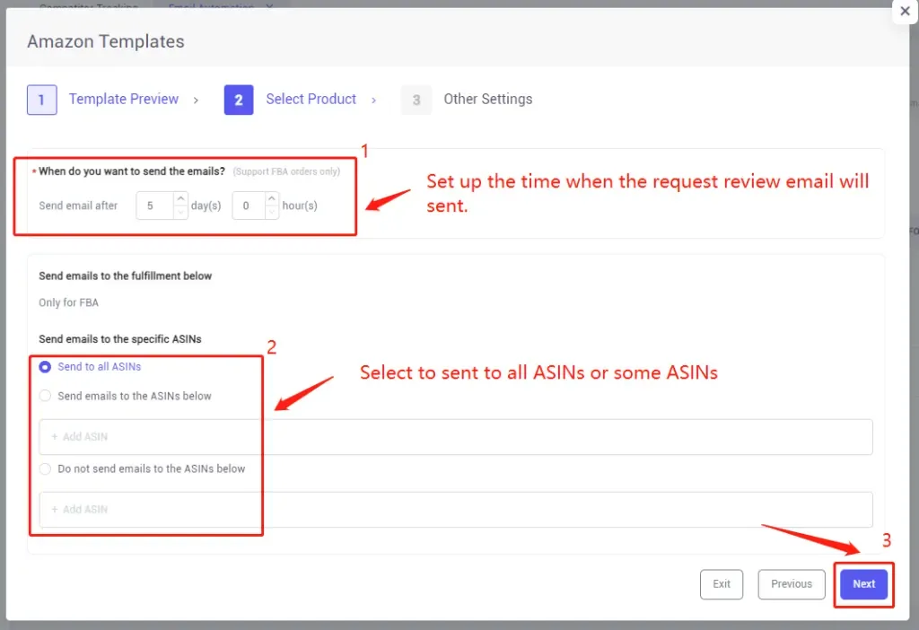 tool4seller use the Email Automation to request reviews and boost ratings interface illustrating set up the time when you want the buyer to receive the leaving reviews email notification.