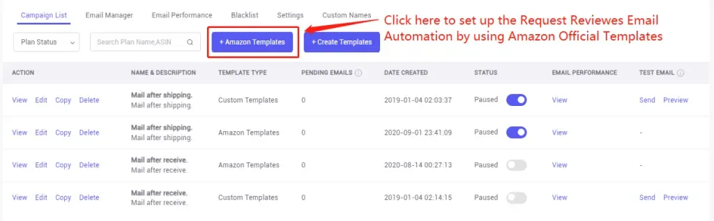 tool4seller use the Email Automation to request reviews and boost ratings interface showing campaign List and Email Manager.