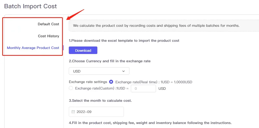 tool4seller use the Custom Cost for accurate net profit calculation interface showing batch Import Cost and Default Cost.