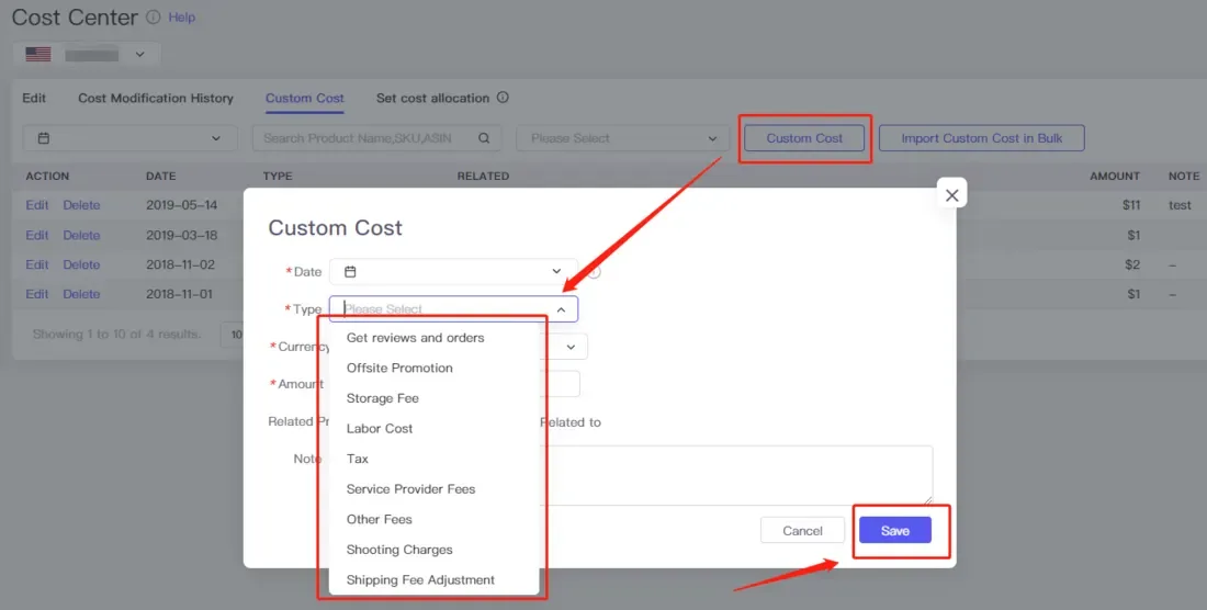 tool4seller use the Custom Cost for accurate net profit calculation interface illustrating custom Cost: it helps you to calculate the extra cost, such as offsite promotion, storage fee, labor cost.