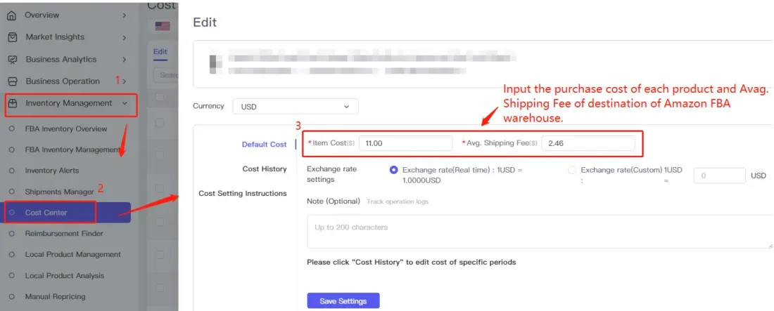 tool4seller use the Custom Cost for accurate net profit calculation interface showing se co and tem Cost.