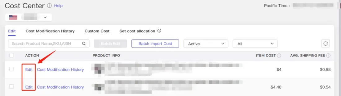tool4seller use the Custom Cost for accurate net profit calculation interface showing cost Center © tele and Pacific Time: ENTE.