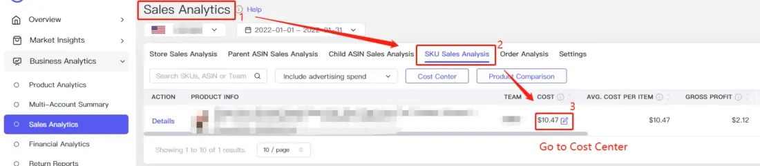 tool4seller use the Custom Cost for accurate net profit calculation interface illustrating or you can access to Cost Center on the sections ( Parent and Child ASIN Sales Analysis and SKUs Sales.
